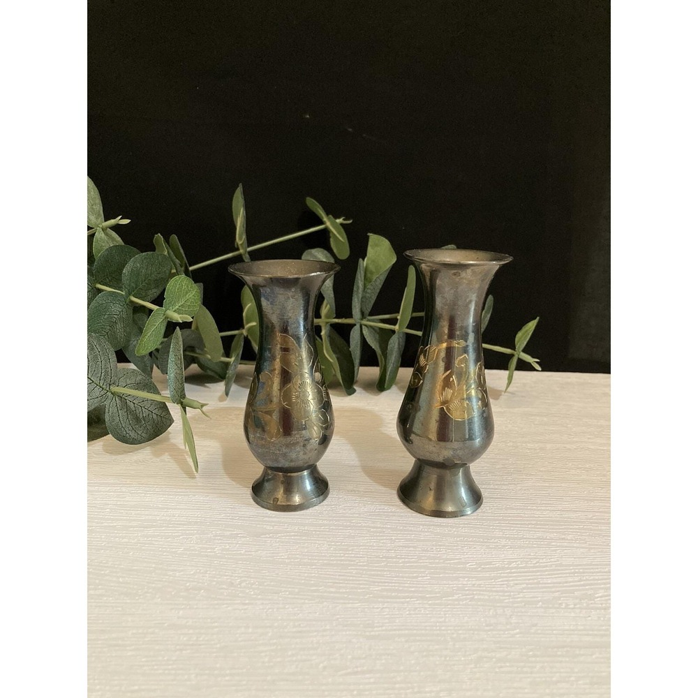 2 Vintage Brass Floral Design Etched Mini Bud Vases 3.25" X 2" Made In India